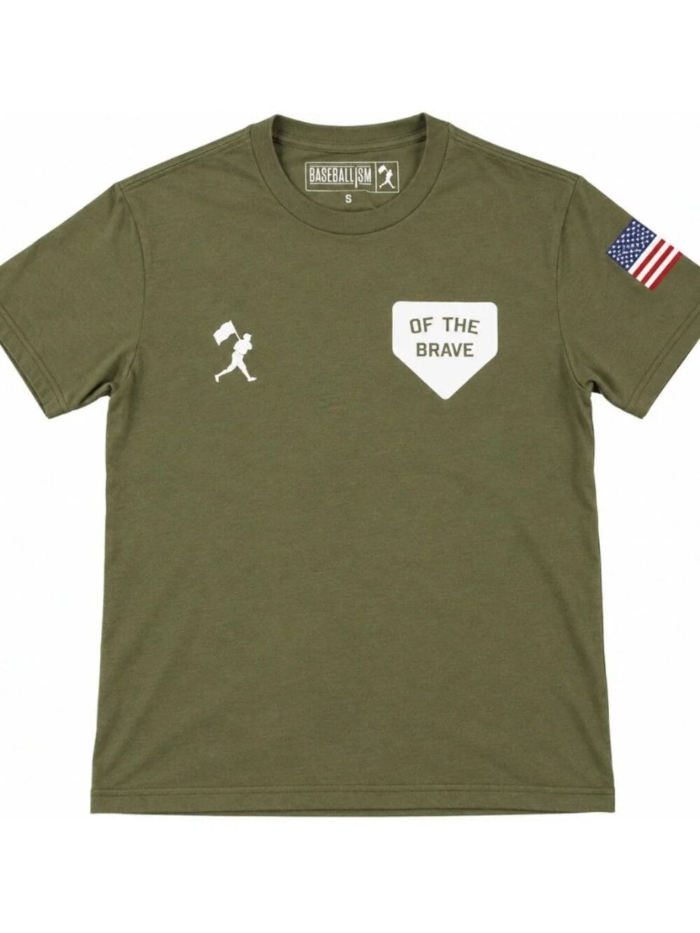 Baseballism Of The Brave Olive Green USA Flag Graphic Baseball T-Shirt S